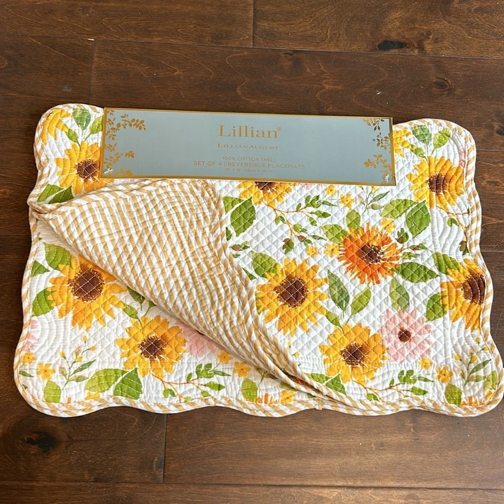 Lillian August Set Of 4 Reversible Sunflowers Fall Autumn Placemats Quilted New